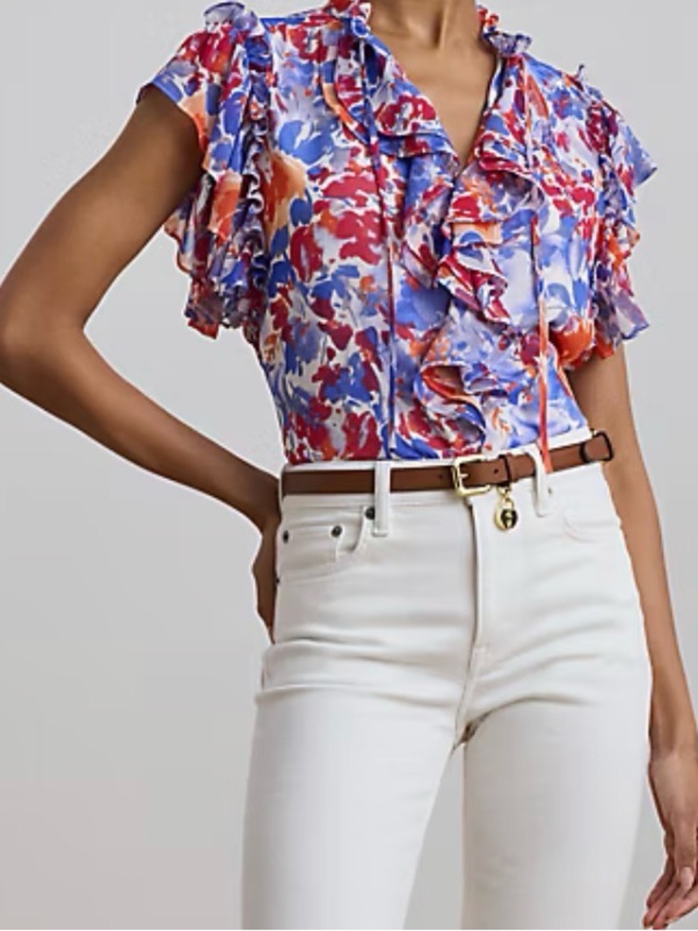 Women Ralph Lauren Floral Ruffles Georgette light Summer Blouse red white blue